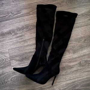 New In Box Jeffrey Campbell Sexy Stripes Knee-high Stiletto Boot with Mesh Inlay